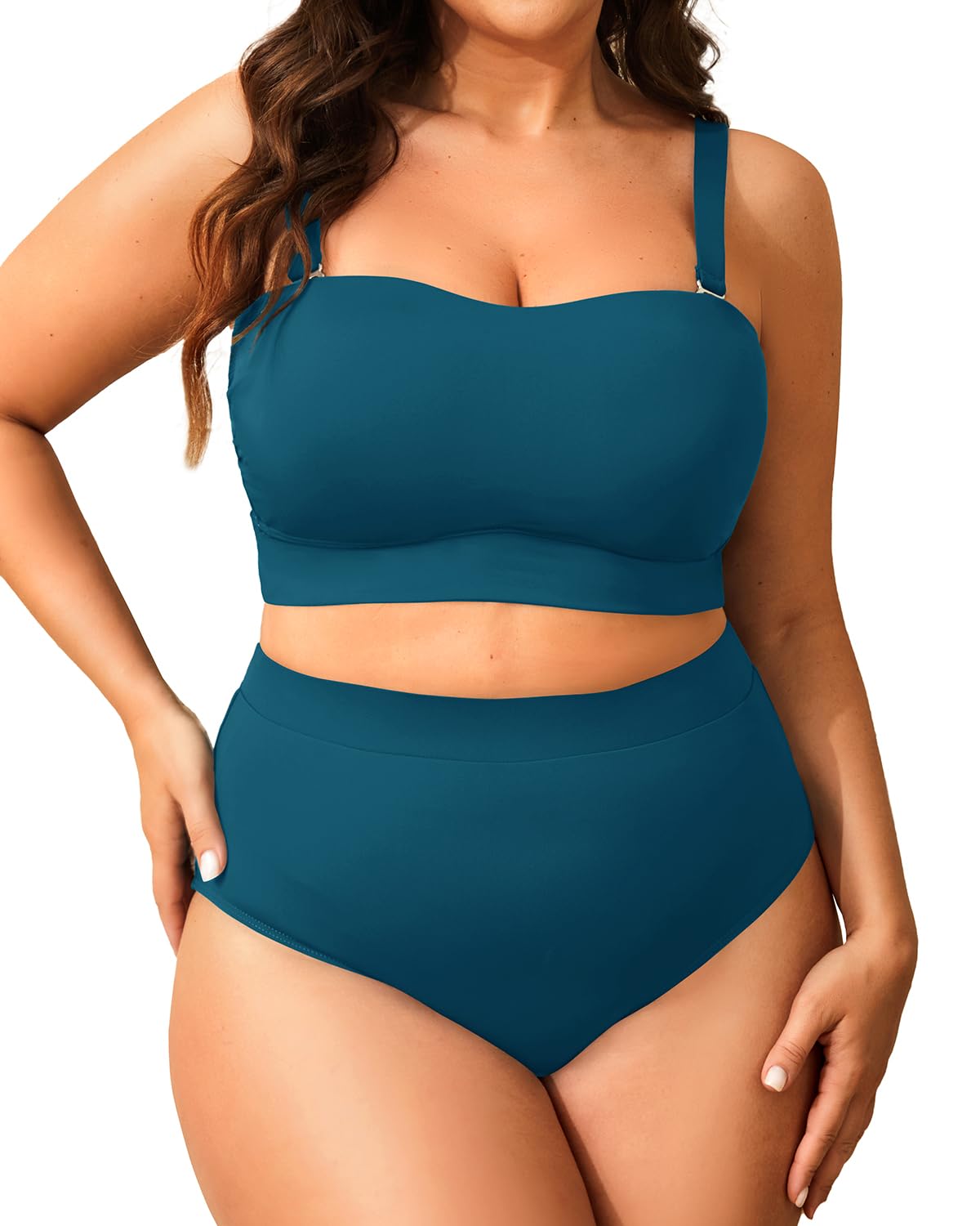 Photo 1 of Tempt Me Women Plus Size High Waisted Bikini Bandeau Two Piece Swimsuit Blue Green 16 Plus