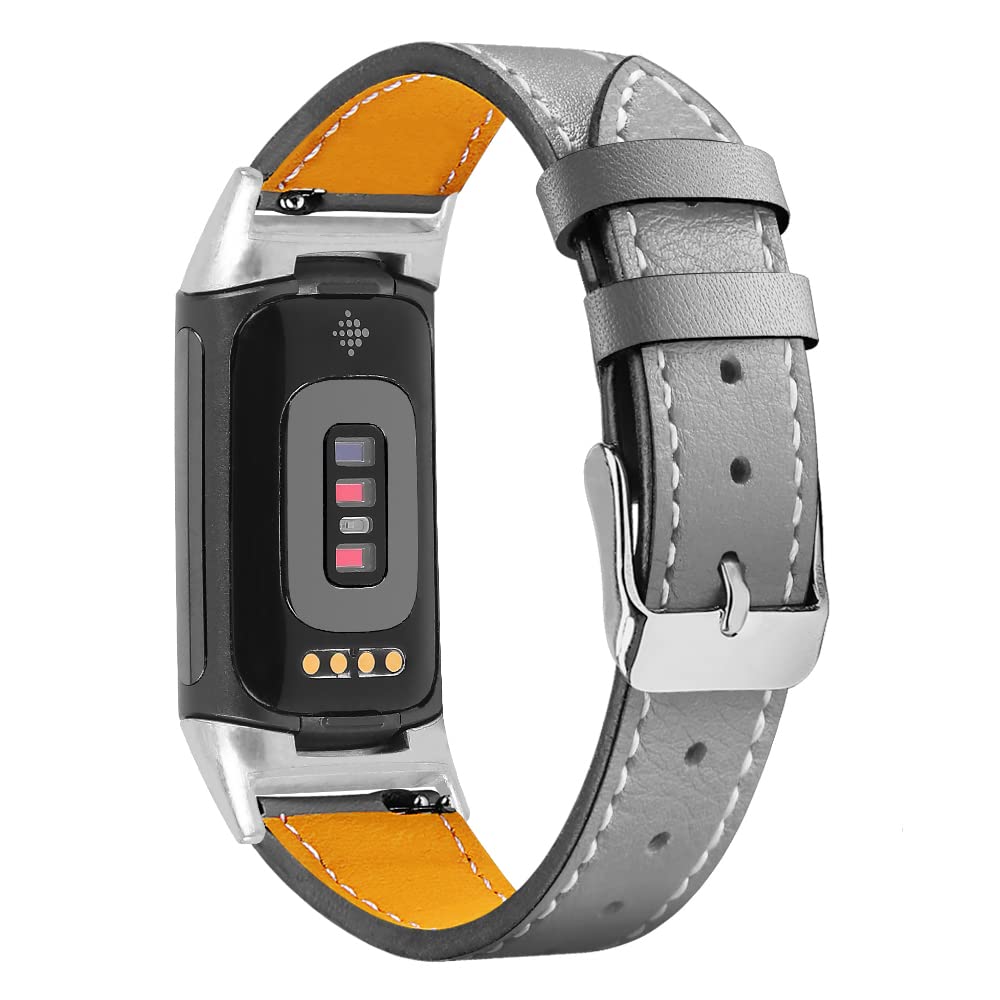 AISPORTS Leather Strap Compatible for Fitbit Charge 6/Charge 5 Strap for Women Men, Soft Breathable Leather Sport Wristband Metal Buckle Clasp Bracelet Replacement Band for Fitbit Charge 6/5