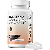 Pure Hyaluronic Acid Supplement 250mg with Vitamin C 50mg, 120 Vegan Capsules - Skin Hydration for Natural Glow, Hair, Nails, Bone & Joint Health Formula