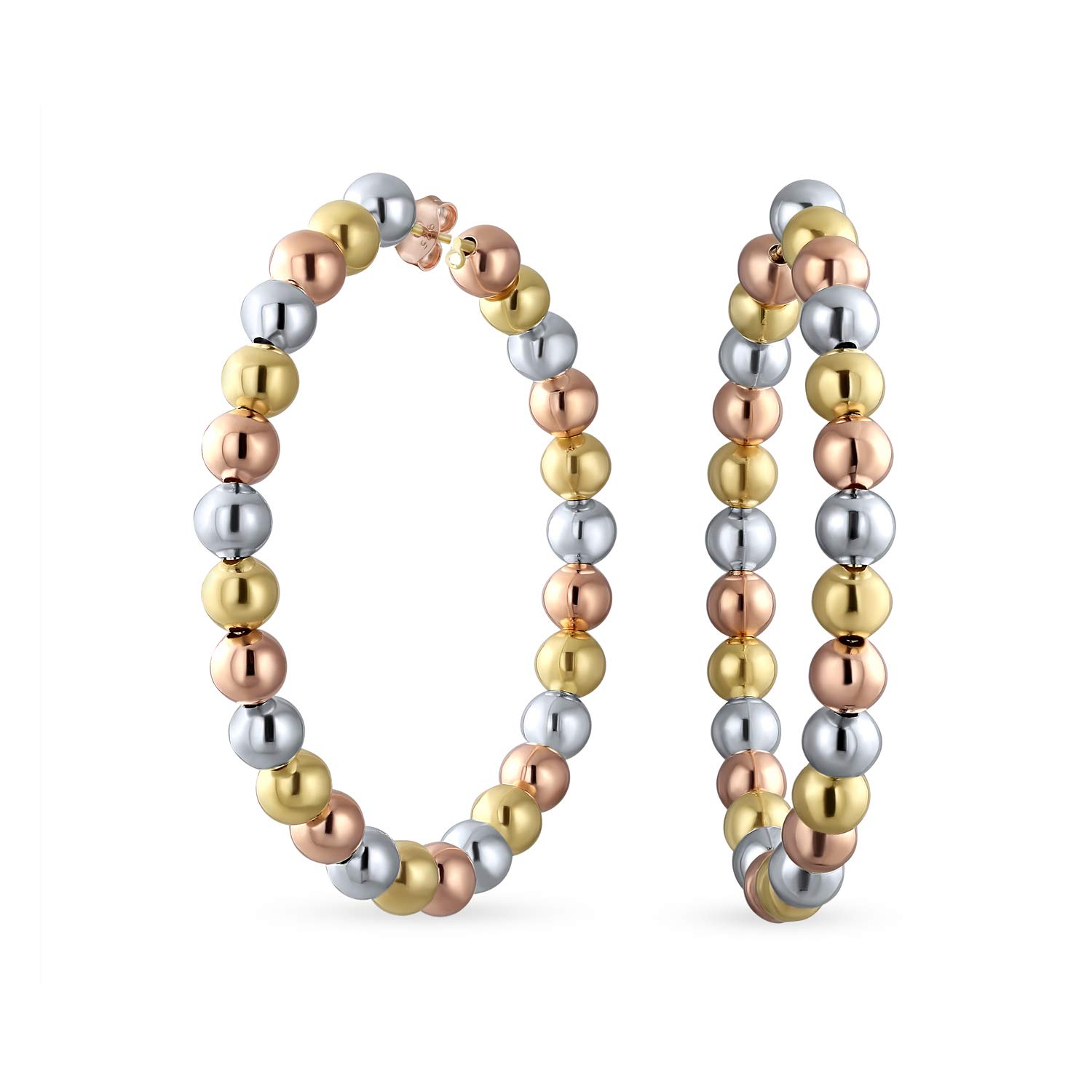 Large Tri Color Bead Round Fashion Statement Three Tone Big Hoop Earrings for Women Teen Piercing Yellow White Rose Gold Plated High Polished Latch Back Closure 2.2 Inch Diameter