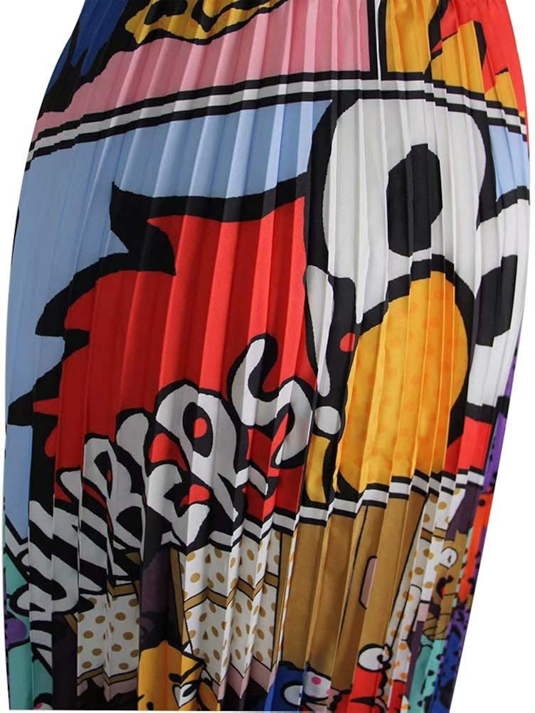 ThusFar Women's Graffiti Pleated Skirts Cartoon Printed Elastic Waist A-Line Swing Midi Skirt: Clothing