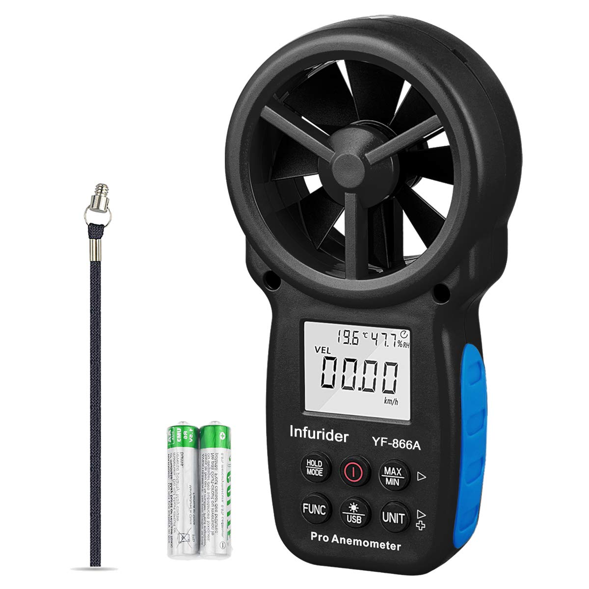 Digital Anemometer,Handheld Wind Speed Meter Gauge High-precision Wind Speed, Wind Temp, Air Flow Measurement with Data Hold & USB Connected Wind Velocity CFM Tester(INFURIDER YF-866A)