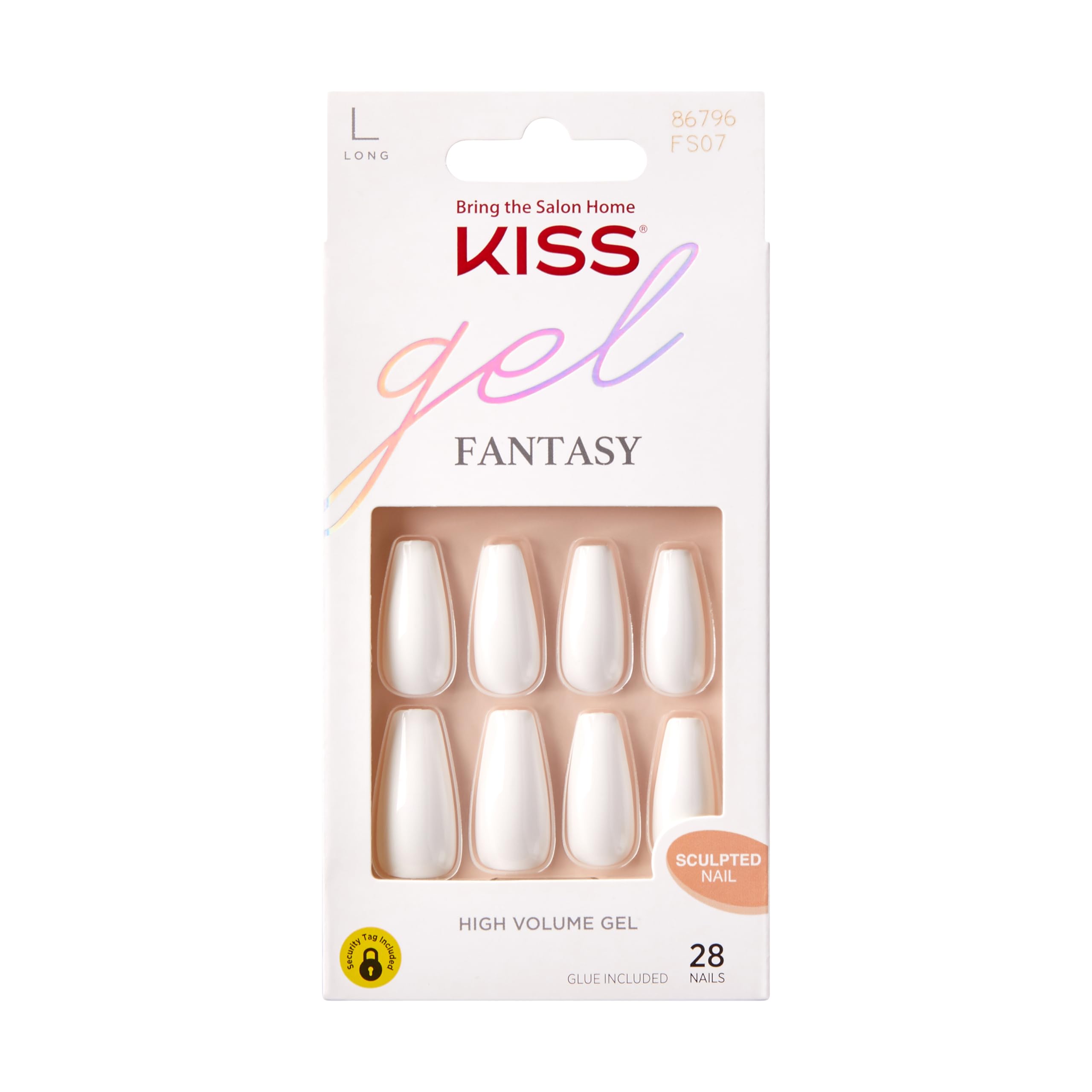 KISS Gel Fantasy Press On Nails, Nail glue included, 'True Color', White, Long Size, Coffin Shape, Includes 28 Nails, 2g glue, 1 Manicure Stick, 1 Mini File