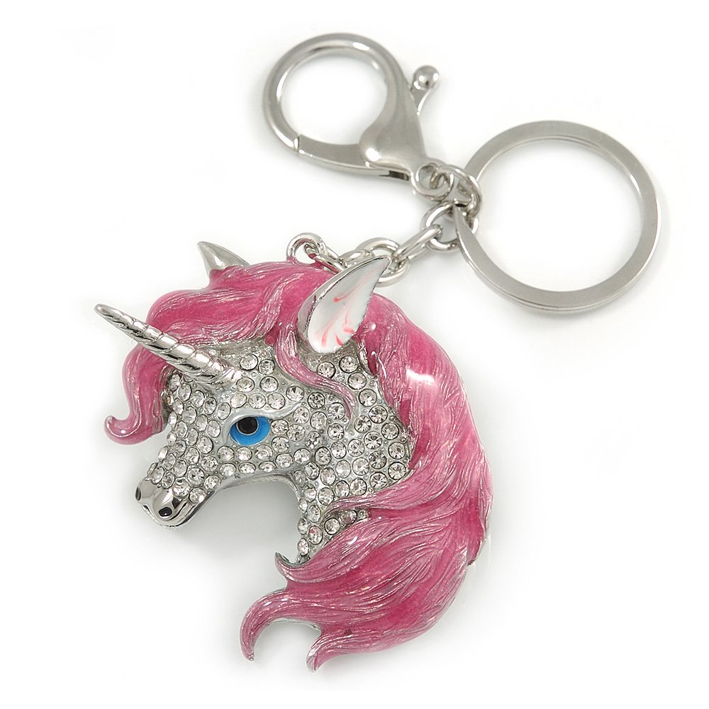 Avalaya Clear Crystal, Pink Enamel Unicorn Keyring/Bag Charm In Silver Tone Metal - 10cm L