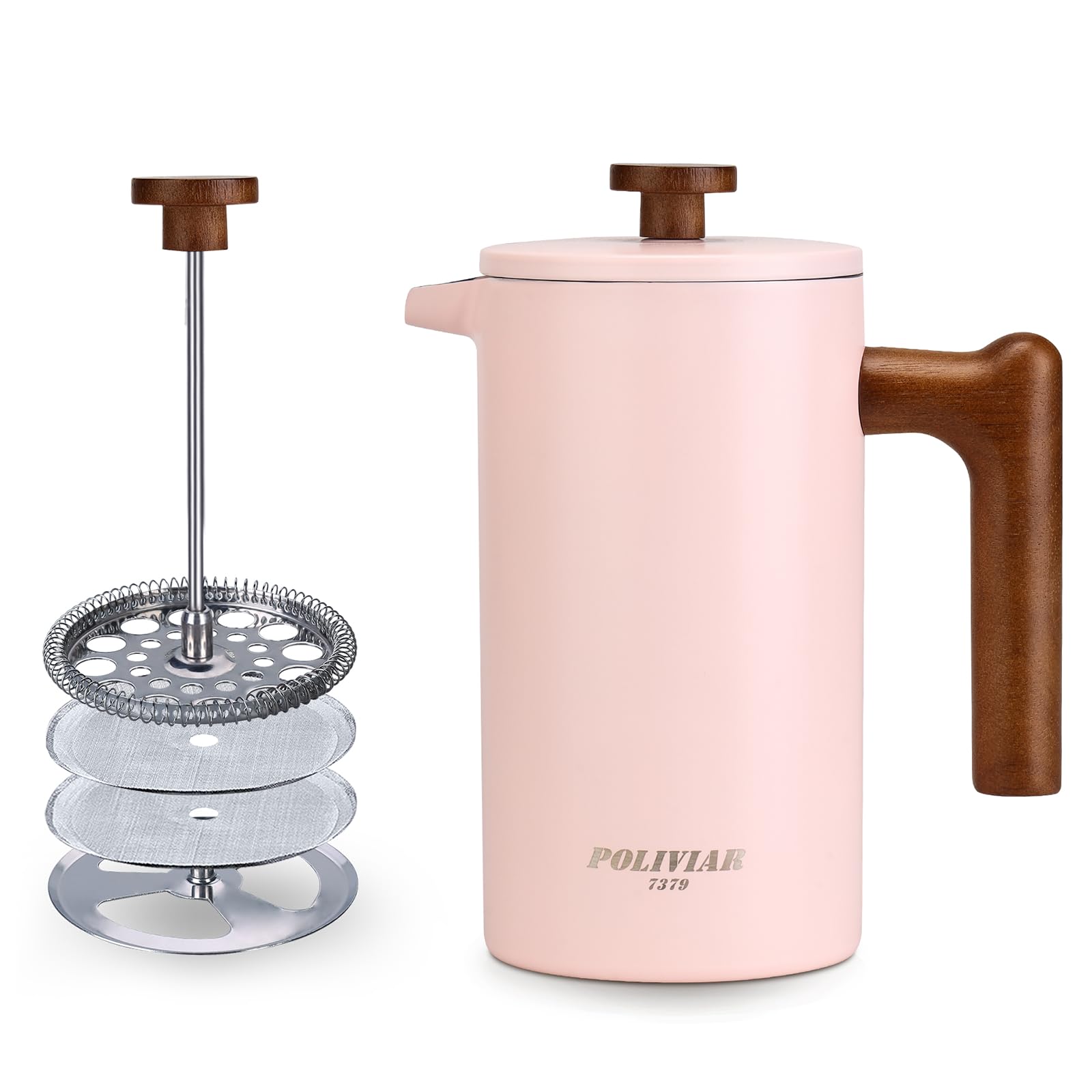 POLIVIAR French Press Coffee Maker, 34 Ounce Coffee Press with Real Wood Handle, Double Wall Insulation & Dual- Filter Screen, Food Grade Stainless Steel for Good Coffee and Tea JX2020-FPP