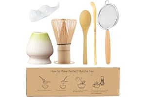 JAVANEST 6-Piece Bamboo Matcha Whisk Set - Includes Chasen Whisk, Whisk Holder, Stainless Steel Sifter, Bamboo Scoop, Spoon, Spoon Holder - Perfect for Traditional Japanese Matcha Preparation (Green Jade)