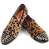 XQWFH Mens Leopard Loafers Leather Embroidery Spiked Slip on Dress Shoes Slipper Luxury Fashion Penny Prom