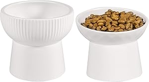 Qucey Raised Cat Food and Water Bowl Set, Elevated Ceramic Cat Feeder Bowls Pet Dish with Stand, Dishwasher and Microwave Safe