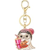 MALOYANVE Halloween Ghost Keychain Rhinestone Enamel | Cute BOO Ghost with Beanie Glasses Pumpkin Drink Keyring, Spooky Bag Charm, for Women