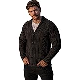 SAOL 100% Merino Wool Men's Aran Cable Knit Shawl Collar Casual Irish Cardigan with Buttons and Pockets