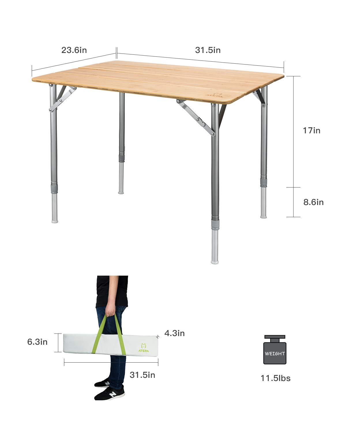 ATEPA 4-Fold Bambu Heavy Duty Adjustable Height Aluminum Frame Folding Bamboo Table with Carry Bag