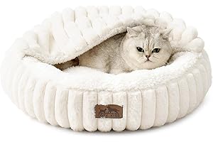 COZY KISS Cat Bed with Hooded Blanket, Round Fluffy Anti-Anxiety Pet Bed for Cats/Toy Breed Dogs, Cozy Donut Cuddler with Machine Washable Faux Fur & Anti-Slip Bottom(20"×20"×6",Cream)