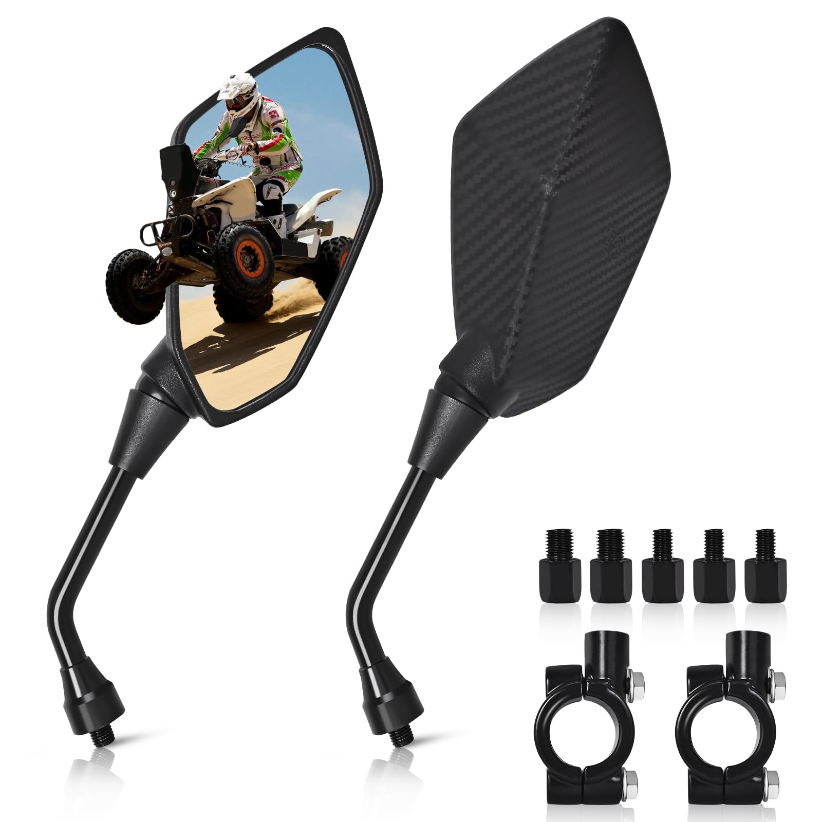 Photo 1 of Motorcycle Rear View Mirrors with 8MM 10MM Bolts, 7/8" Handlebar Mount Clamp, Universal Hawk-Eye ATV Mirrors Compatible with Motorcycle Scooter Moped Snowmobile Dirt Bike and More(Carbon Fiber Style)