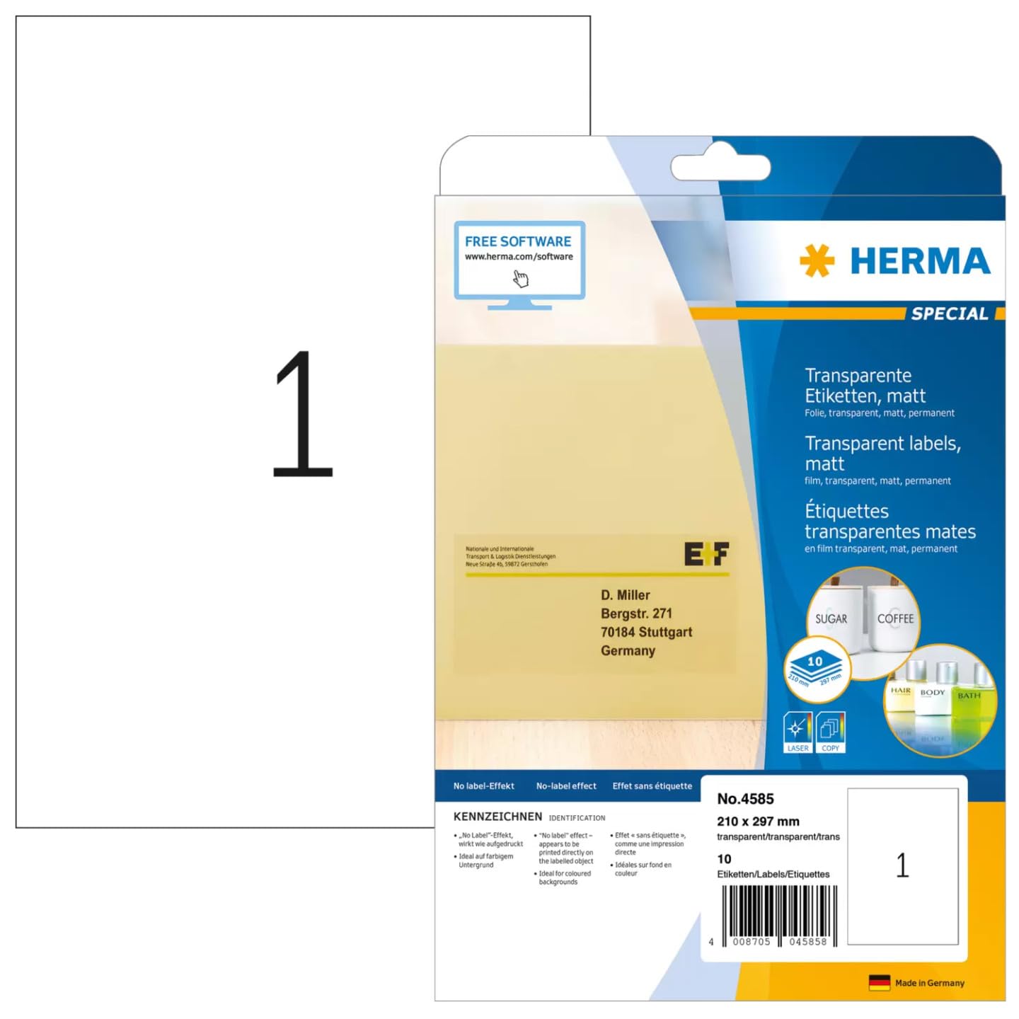 HERMA Transparent Film Labels, Matt, Weatherproof, Laser Printer Compatible, 10 Sheets of 10 Labels Each, 210 x 297 mm
