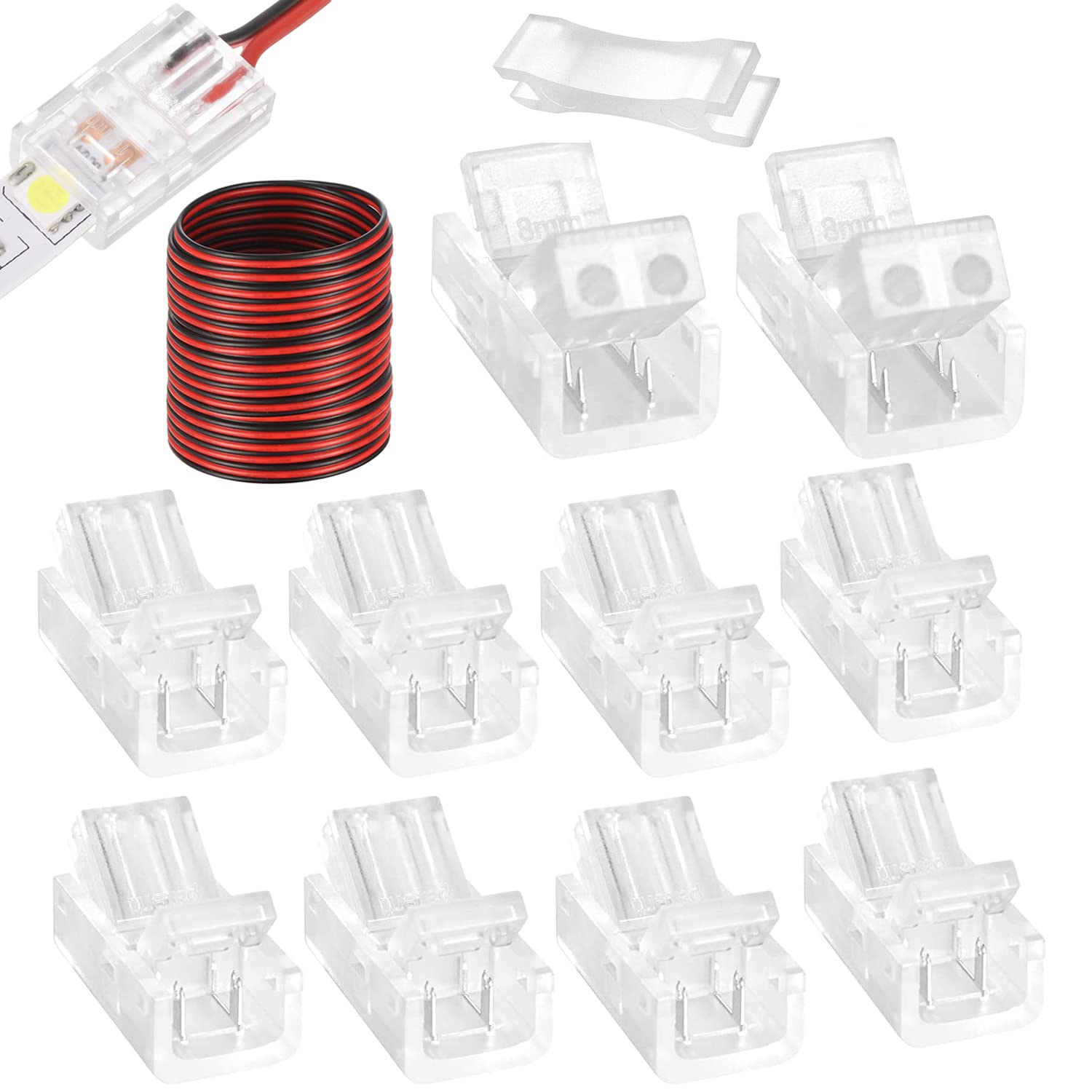 YUTOKEER 2 Pin 8mm LED Strip Lights Connectors – Solderless Quick Connectors Adapter for Single Color 2835 LED Strips, Includes 5m Extension Cord, 10 Pack