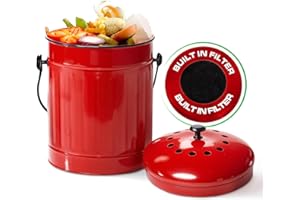Plexon Countertop Compost Bin Kitchen with Lid, Red 1.5 Gallon Odorless Compost Container, Steel Food Compost Bucket for Kitchen with Charcoal Filter, Pail for Countertop