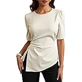 winkbay Women's Summer Ruched Puff Sleeve Tops Elegant Tie Back Crew Neck Dressy Casual Blouses