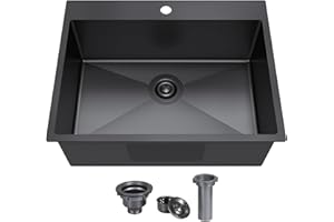 KINGO HOME 25x22 Inch Black Drop In Kitchen Sink, 25 Inch Gunmetal Black RV Laundry Utility Sinks, Top Mount 16 Gauge Stainless Steel Single Bowl Deep Small Kitchen Sink