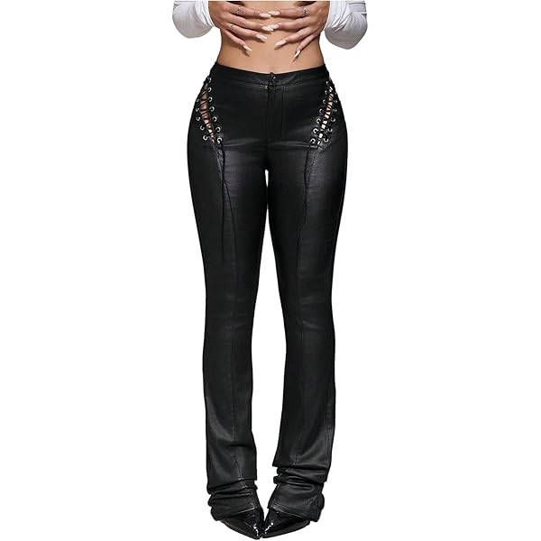 ZH8FCHAN Women's Lace Up PU Leather Pants Chic Drawstring Bandage