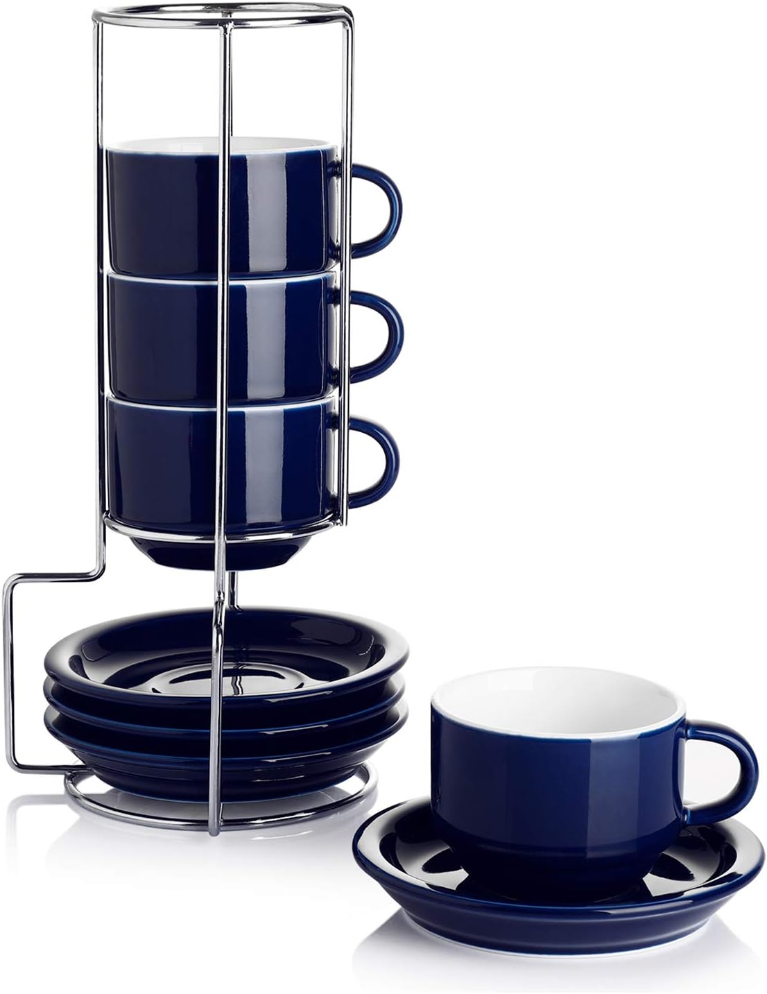 Sweese 404.403 Porcelain Stackable Espresso Cups with Saucers and Metal Stand 2.5 Ounce Set