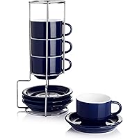 Sweese 404.403 Porcelain Stackable Espresso Cups with Saucers and Metal Stand - 2.5 Ounce - Set of 4, Navy