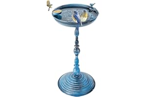 DREAMSOUL 26" Tall Pedestal Bird Bath for Outside, Metal Blue Bird Bath with Hummingbird Carving for Yard Garden Decor