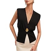 WDIRARA Women's Deep V Neck Sweater Vest Sleeveless Metal Decor Knit Tank Top