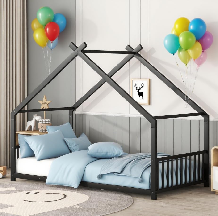 Photo 1 of ***(PARTS ONLY -SELLING AS IS - MISSING PARTS)*** Bellemave Twin Size Floor Bed Frame with Slats for Kids, Metal Montessori Floor Beds, Twin House Bed for Kids, Black with roof