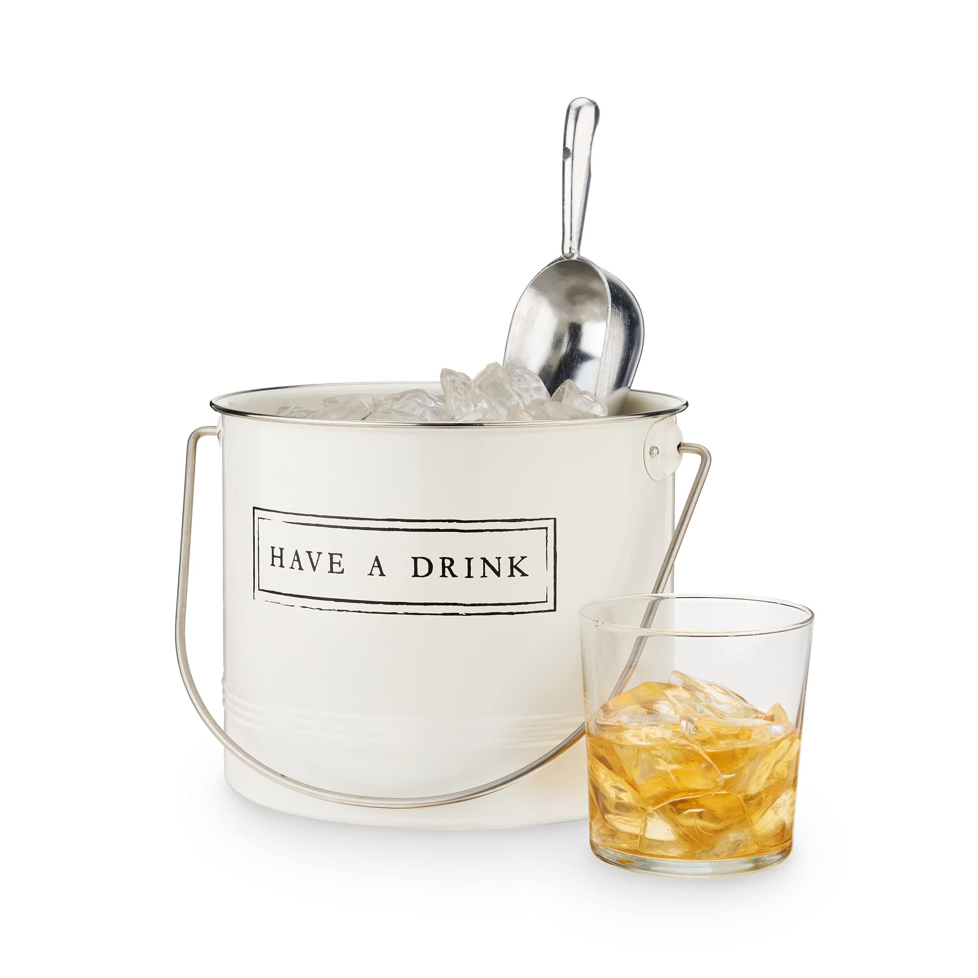 Twine Have A Drink White Enameled Metal Ice Bucket & Scoop for Parties - Wine Bottle And Beer Bottle Bucket in 1 Gallon