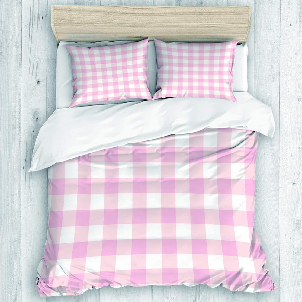 Amazon Dojofelpm 布団カバーセット 掛け布団カバーセット ボックスシーツ 枕カバー パステルピンクの格子縞のギンガムチェックの背景市松模様 ホワイト ピーチスキン加工 ふわふわ 寝具カバーセット クイーン 210x210cm 寝具カバーセット オンライン通販