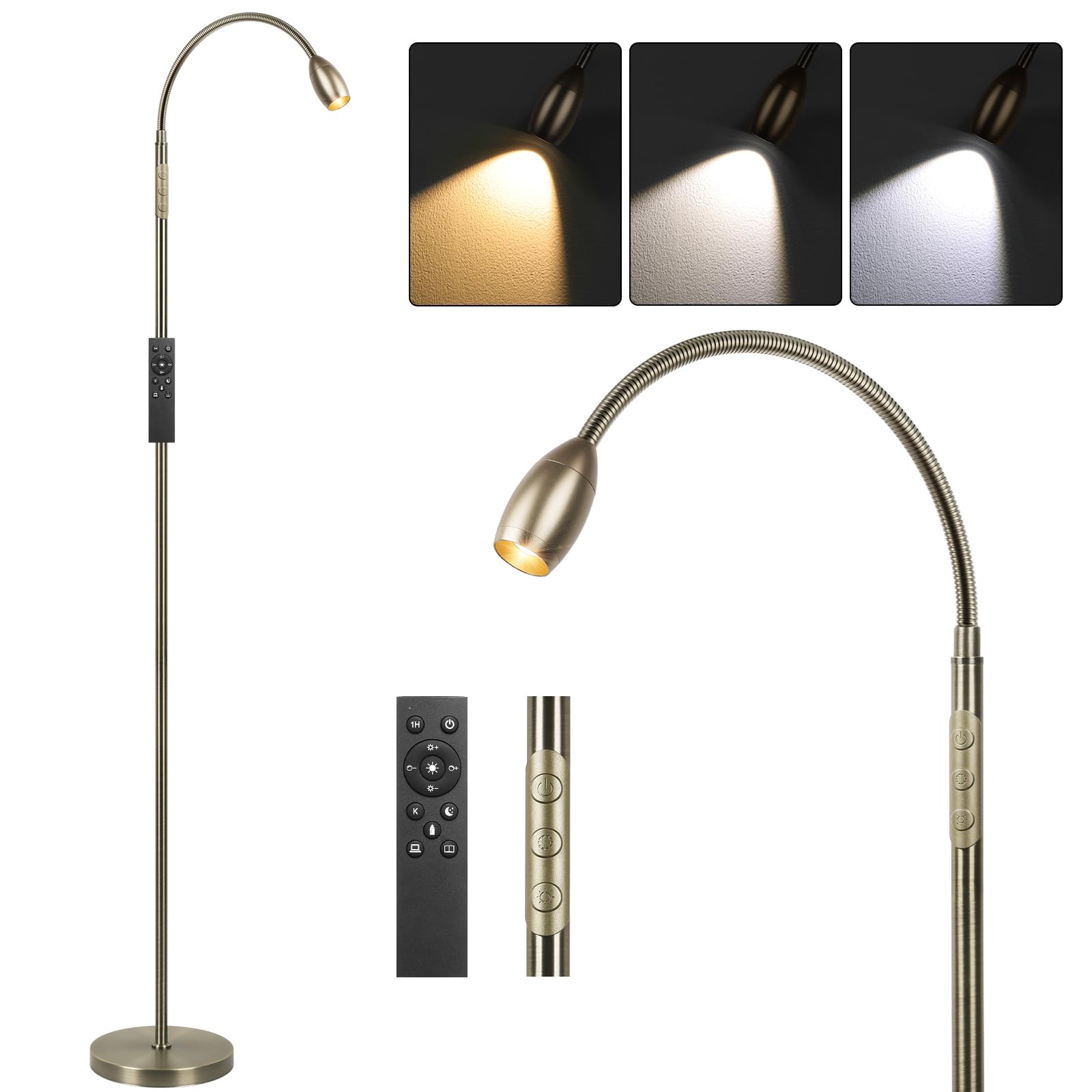 Reading Floor Lamp, 72" Tall LED Lamp with Flexible Gooseneck, Dimmable Zoomable Spotlight, Adjustable Color Beam Standing Lamp, Touch & Remote Control, Task Craft Bedroom Living Room (Bronze) Image