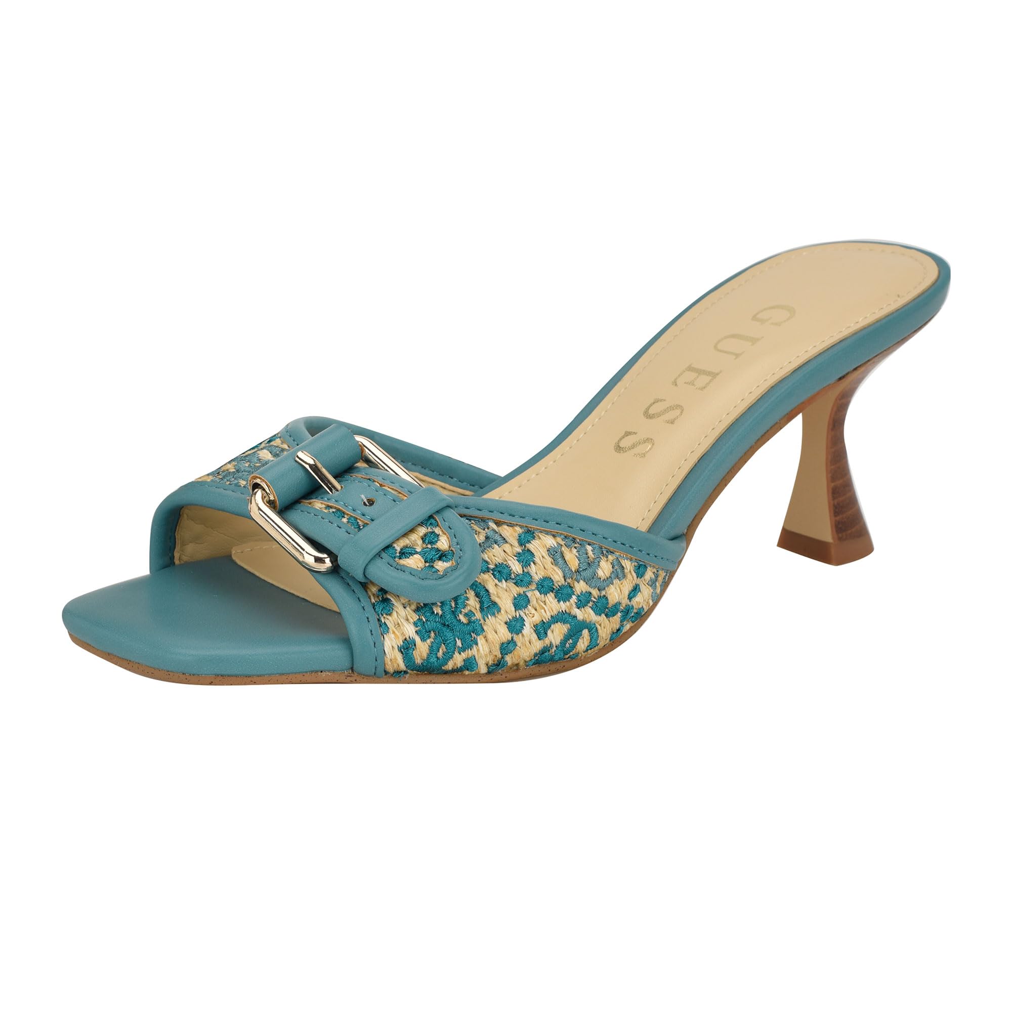 Guess Women’s Dista Heeled Sandal, Light Blue Logo 450, 11