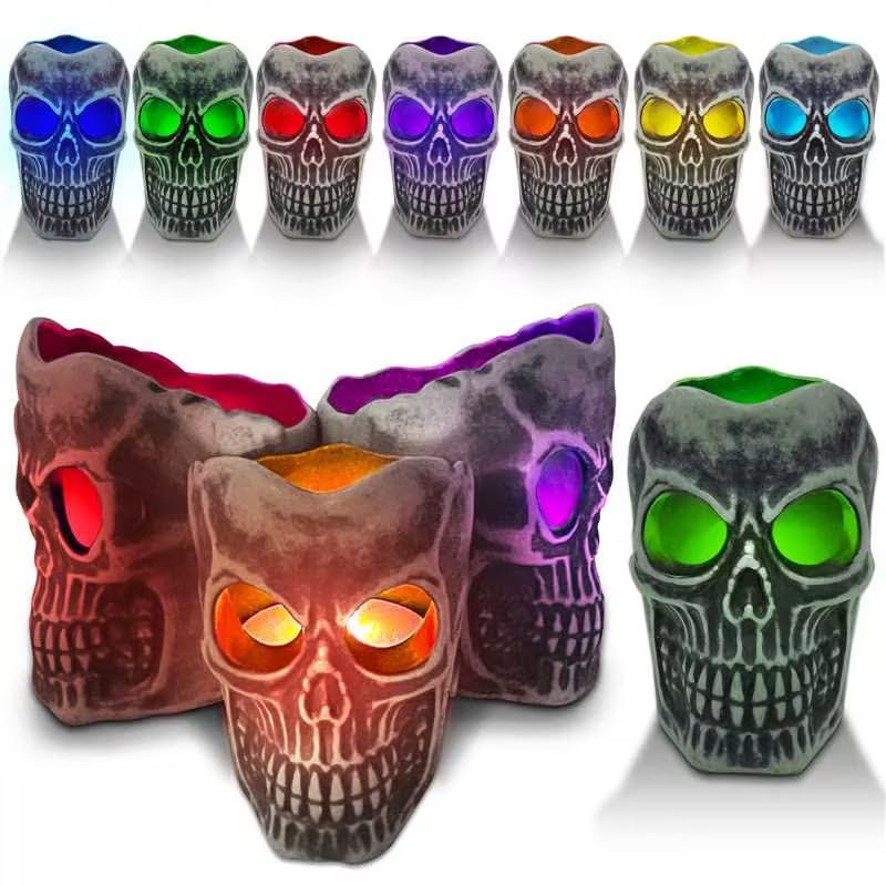 Photo 1 of [ Flickering Colorful Lights ] 12 Pack Halloween Skull Tealights Candles, LED Skull Lights Flame Less Candles Battery Operated Lighted Halloween Table Decorations Home Indoor Mantel Fireplace Party