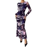 BTFBM Wedding Guest Dresses for Women Spring Fashion 2026 Bodycon Crew Neck Long Sleeve Boho Mesh Floral Maxi Fall Dress