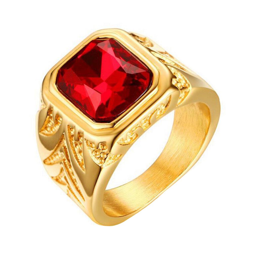 INRENG Men's Stainless Steel Ring Square Ruby Gemstone Gold Plating Wedding Band