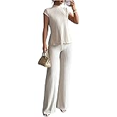 SOLY HUX Women's 2 Piece Outfits Summer Mock Neck Cap Sleeve T Shirt and Pants Casual Matching Sets