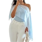 Verdusa Women's Asymmetrical Sheer Poncho Top Off The Shoulder Blouse Slim Fit Going Out Tops