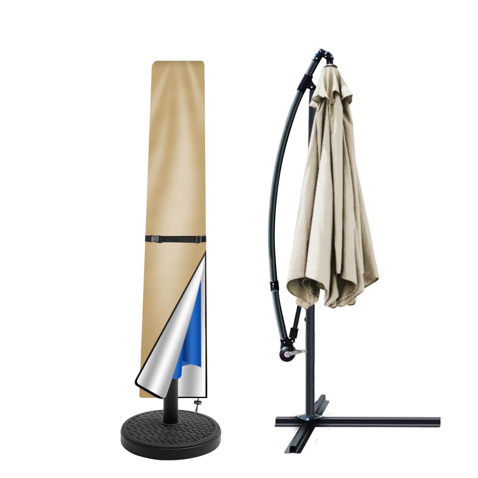 Teynewer Parasol Cover Waterproof, Straight Parasol Protective Covers with Telescopic Pole and Zipper Fit for 1.8 to 2.7 m Large Umbrella Patio Parasol Weatherproof UV-Anti Windproof, Khaki