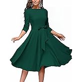 FENJAR Women's Cocktail Dress 3/4 Sleeve Vintage Wedding Guest Work Semi Formal A Line Midi Dresses with Belt