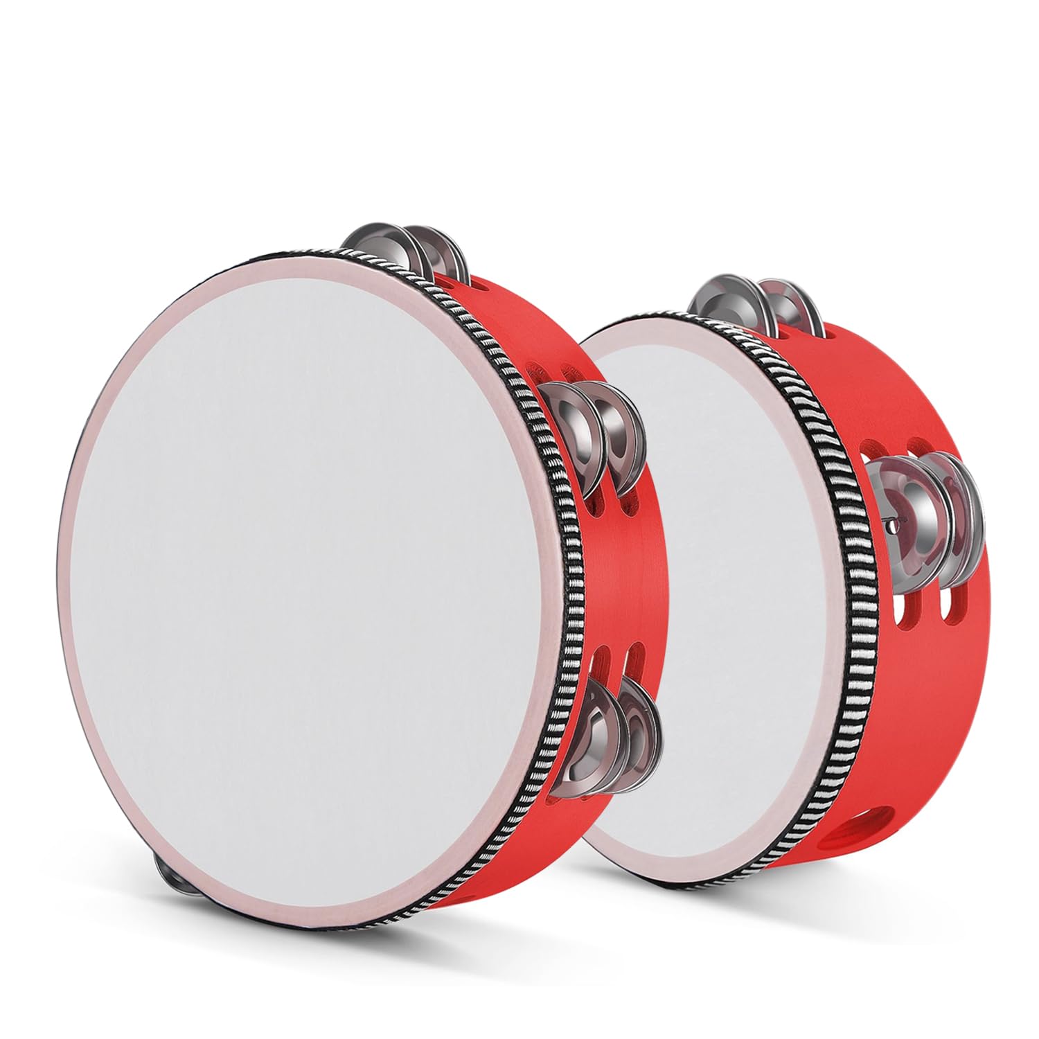 Flexzion Wood Handheld Tambourine- 8 & 6 Inch Set of 2 Pack, Double Row 12 Pair Metal Jingles, Percussion Drum Moon Musical Instrument (Red)