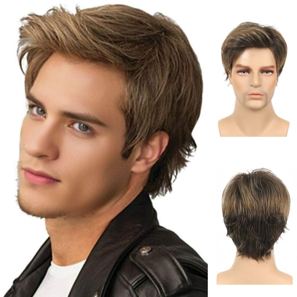 Salaibs Mens Brown Short Wig Side Part Natural Looking Hair Wigs Synthetic Fiber Daily Wig