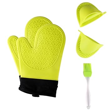 Jonhen Anti-Rutsch mit Baumwoll-Fütterung zum Backen in der Küche-Ofenhandschuhe 1 Paar,Gratis Bürste & Topflappen, Mischgewe