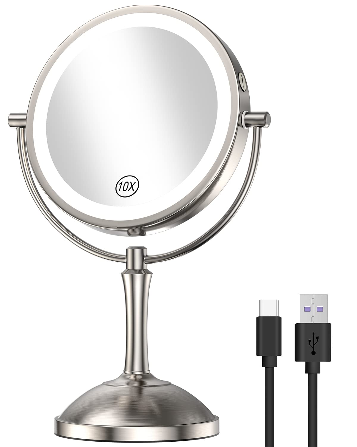 8'' Lighted Makeup Mirror with Double Sided 1X/10X Magnification, [54 LED Lights & 3 Color Lighting & Adjustable Brightness] Touch Control Cosmetic Mirror [Rechargeable] Vanity Mirror