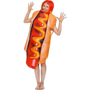 Mrerthos Unisex Adult Hot Dog Costume Food Costume, Soft Fabric Funny Dress Up Outfit for Holiday Themed Party