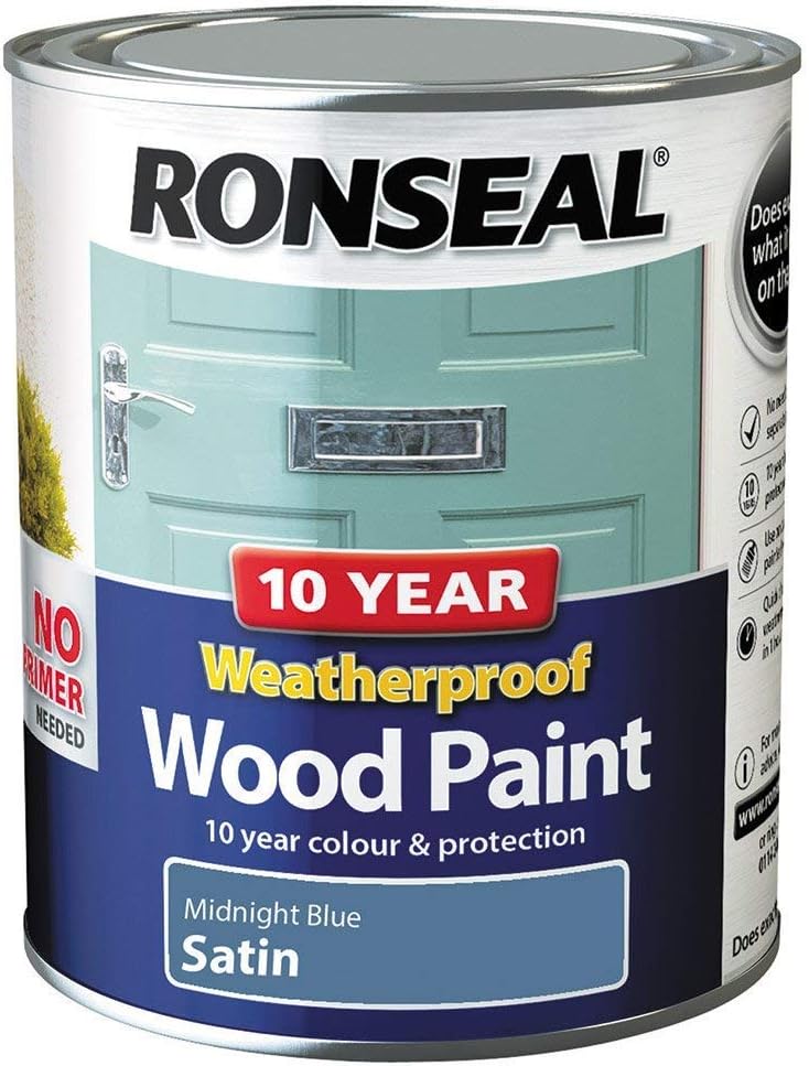 Ronseal 10 Year Weatherproof 2 in 1 Wood Paint Midnight Blue Satin 750ml, 750 ml (Pack of 1)