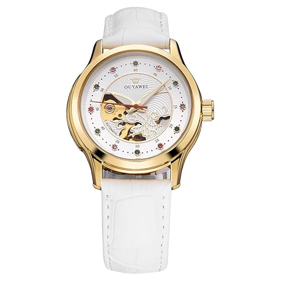 Mechanische Damen-Armbanduhr mit Lederarmband, modisch, lässig