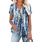 WRRH Womens Summer Short Sleeve Blouse Plus Size Ladies Shirts Floral Loose Flowy Tops for Leggings M