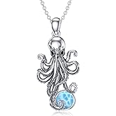 Reaii Octopus Necklace for Women 925 Sterling Silver Natural Larimar Octopus Pendant Necklace Ocean Animal Jewelry Gifts for Mom Wife