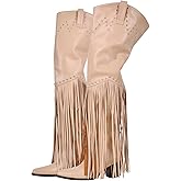richealnini Fringe Thigh High Boots with Tassels Wide Calf Over Knee Western Cowboy Boots