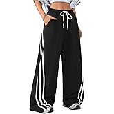 BEAUDRM Women's Striped Baggy Sweatpants Drawstring Waist Wide Leg Track Pants Casual Trousers Fall Pants